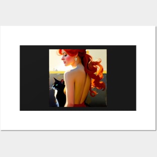 A Redhead and Her Black and White Cat Posters and Art